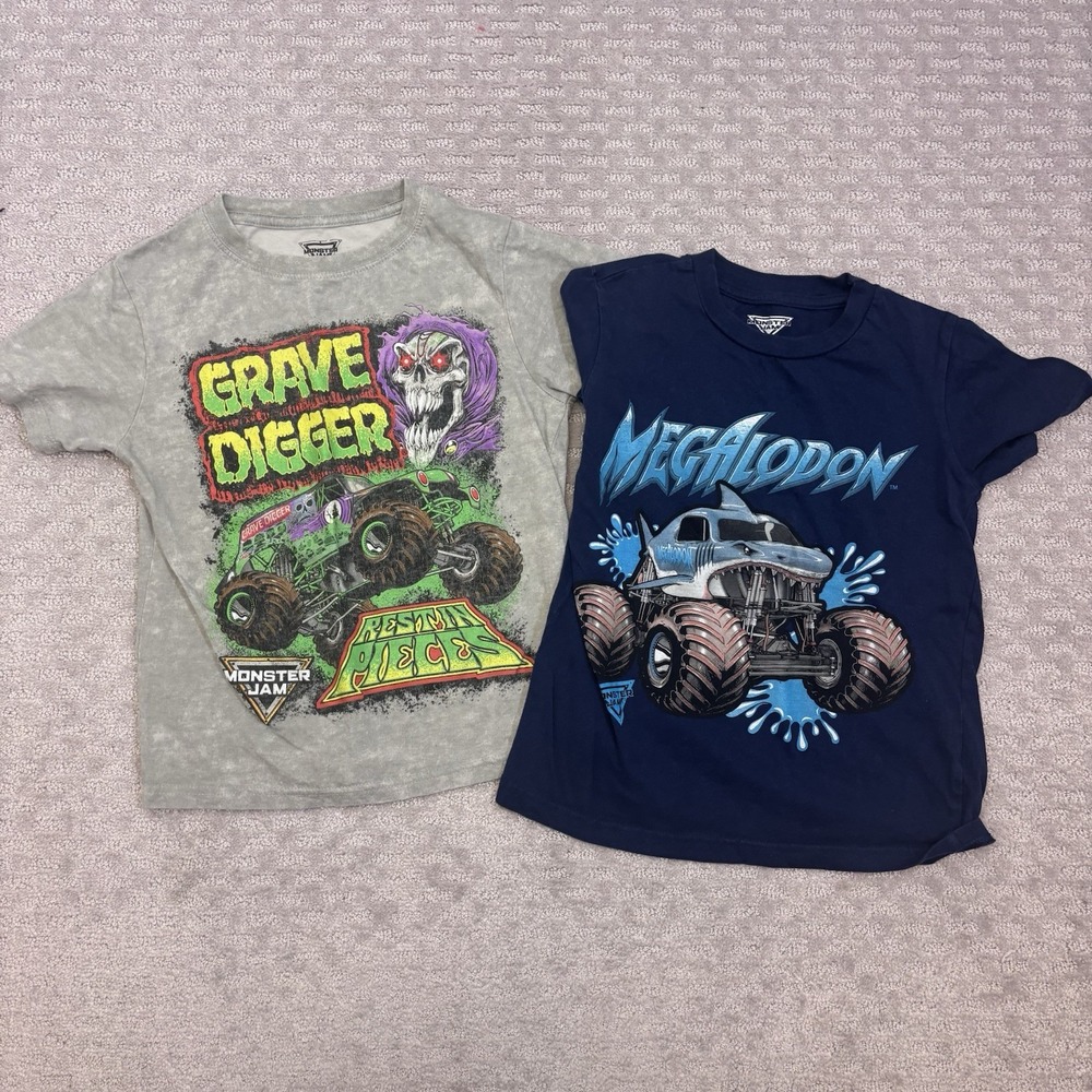 Lot Of 2 Monster Jam T-shirts "Megalodon"and  "Grave Digger" Size Youth M 7/8